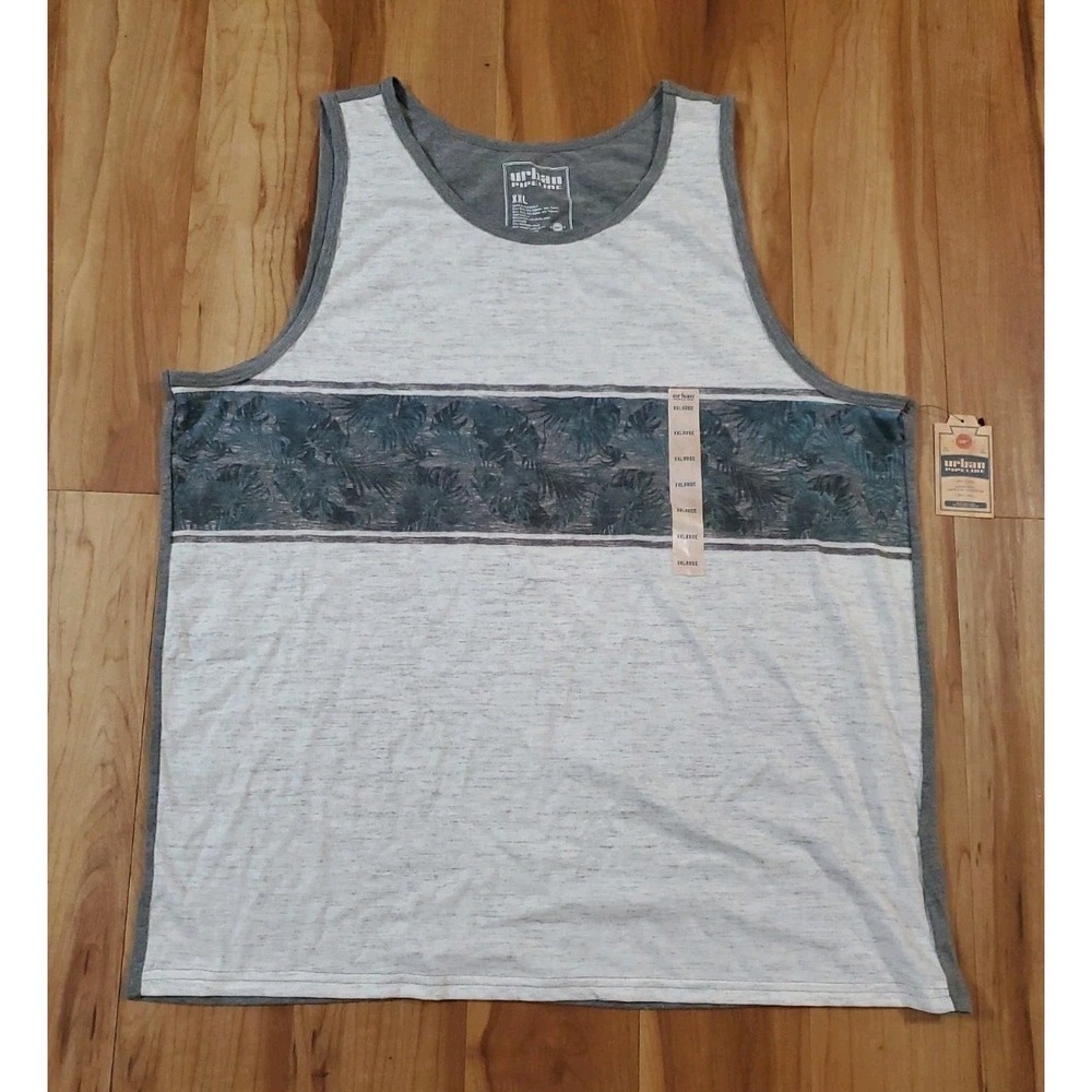 NEW Urban Pipeline Mens XXL Tank Top Heather Gray Stripe Palm Tree Graphic Shirt